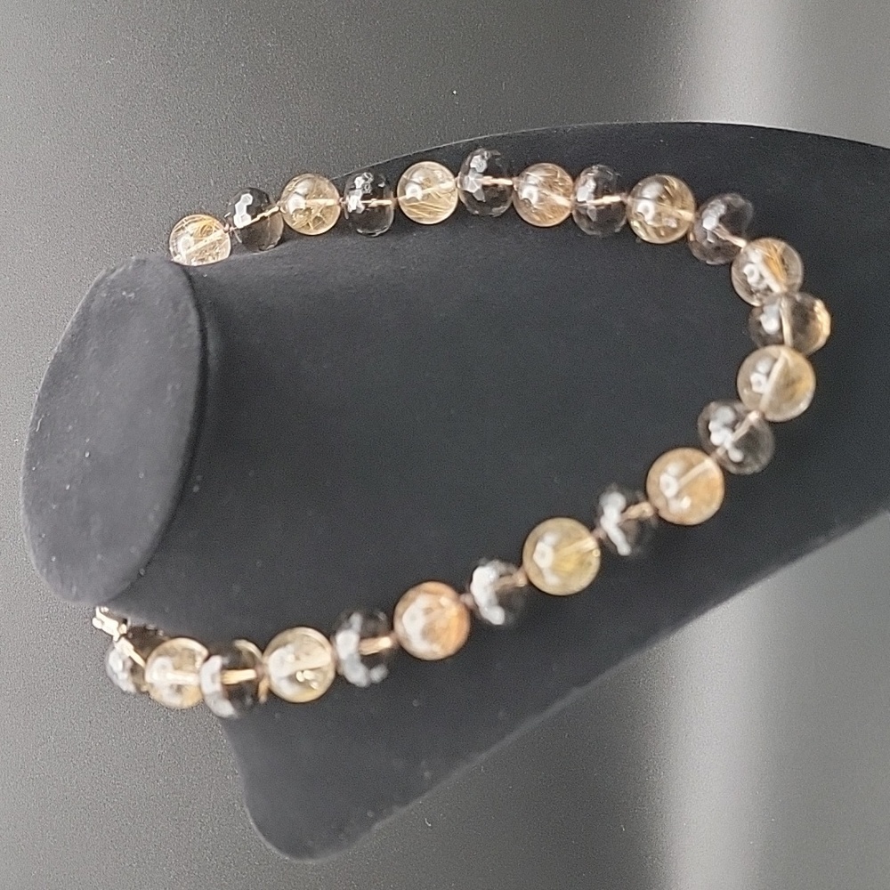 Round Golden Gold Rutile Faceted Smokey Rainbow Quartz Beaded 16" Necklace 16MM